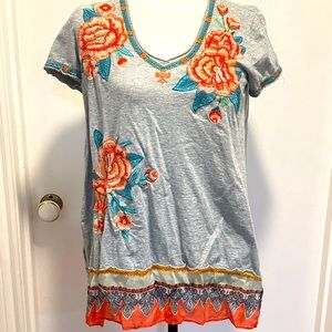 Johnny Was Floral Embroidered Silk And Cotton Shirt Size Small